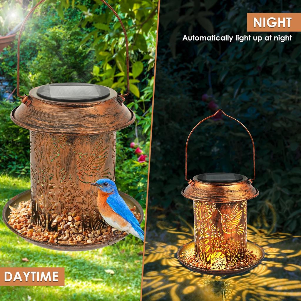 Solar Lantern Bird Feeder for Outside Hummingbird Metal Wild Bird Feeder Hanging Outdoor Garden Ornament Waterproof Light