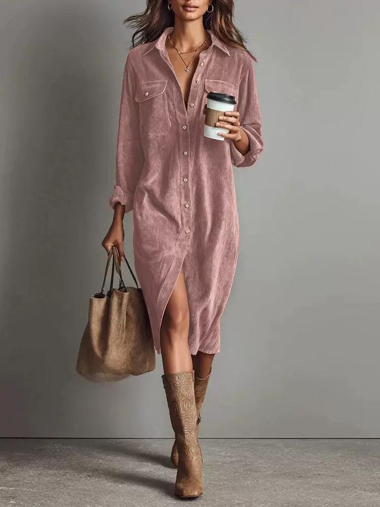 New Solid Velvet Long Sleeve Stand Collar Shirt Loose Maxi Dress