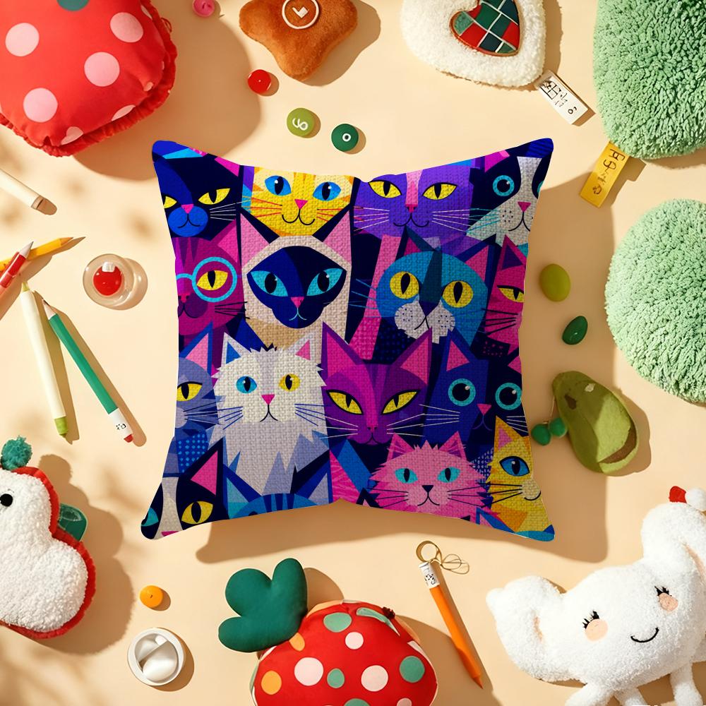 Cushion Cover Cute Cat Print Linen Organic Fabric DoubleSided Printing Sofa Breathable Home Decor Gift Pillow Case