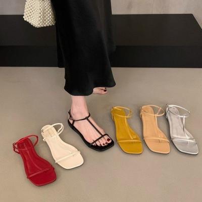 Mode Mode Sandalen für Damen 2025 Neue Flache Eckige Offene Zehen Sexy Erstlinien-Schnalle Sommer PU-Leder Römische Damen-Sandalen