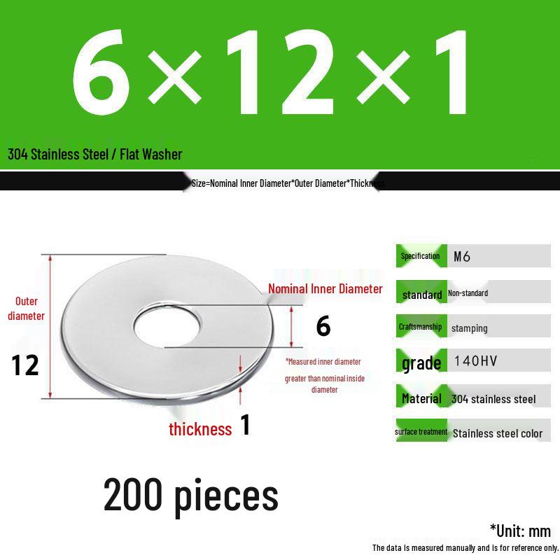 304 Stainless Steel Thickened Flat Washer Set, Sizes 2-36