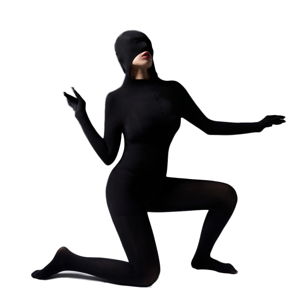 Sexy Women 120D Tights Hooded Mask Elastic Bodysuit Sheer See Through Rompers Glove Jumpsuits Cosplay Maid Leotard