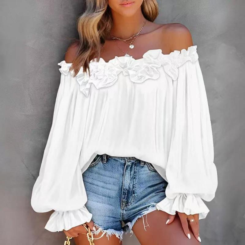 Early Spring New Style Elegant Casual Ruffled One-shoulder Off-shoulder Long-sleeved Shirt for Women