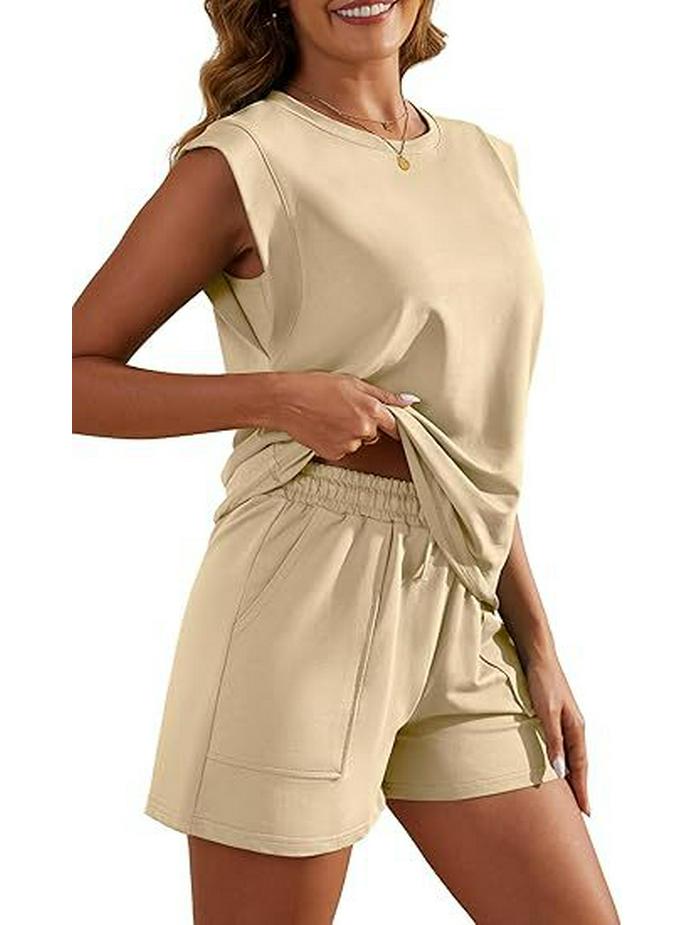 Women's 2026 Summer Solid Color Two-Piece Set: Round Neck Top & Pocket Shorts