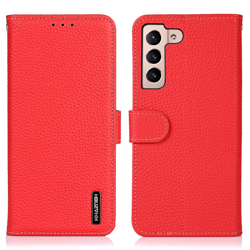 

KHAZNEH For Samsung Galaxy S25 FE Case Genuine Cow Leather Flip Phone Cover Red