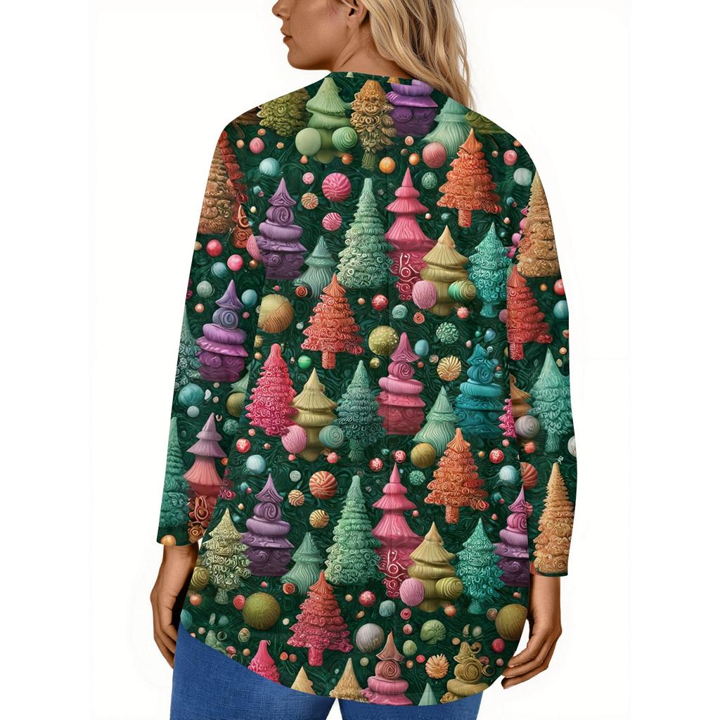 Women's Fashion Large Size Round Neck Long Sleeve Casual Christmas Print Loose Pullover Top