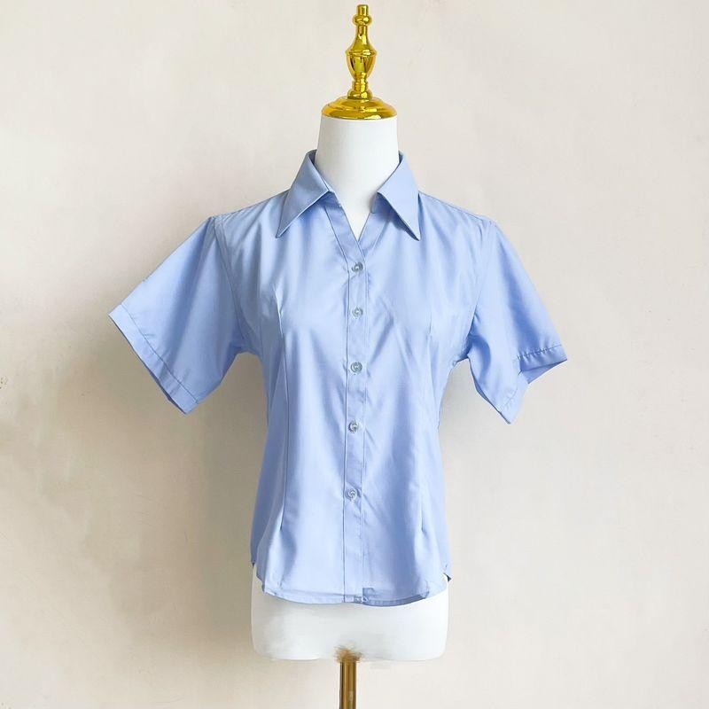 

New Spring and Summer Women s V Neck Elegant Slim-Fit Buttoned Short-Sleeved Shirt Pink Simple All-Match Tops Blue Size 37