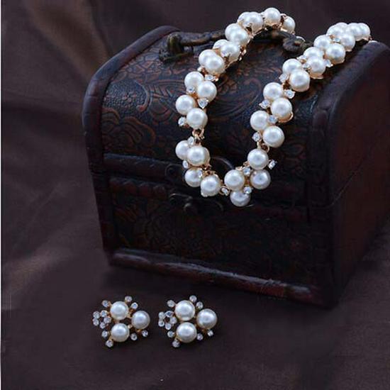 European Fashion Gold-Plated Pearl Jewelry Set: Necklace, Earrings  Bracelet