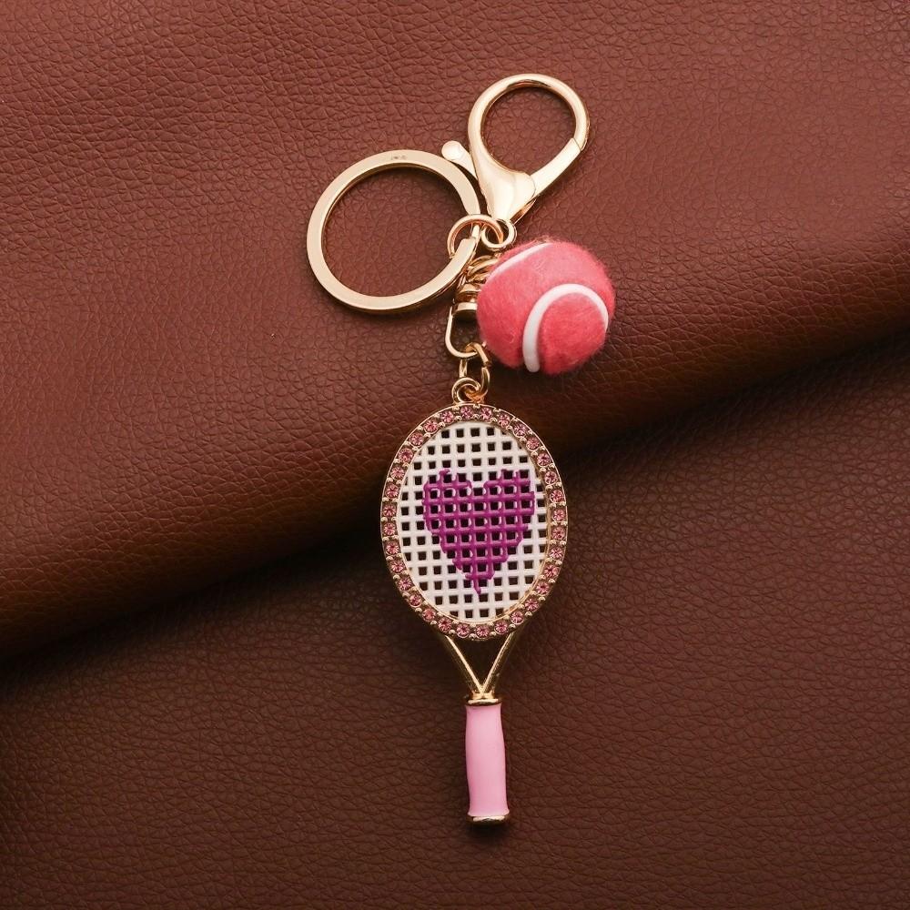 Alloy Inlaid Rhinestone Tennis Racket Keychain Mini Felt Ball Sports Keychain Pendant for Women