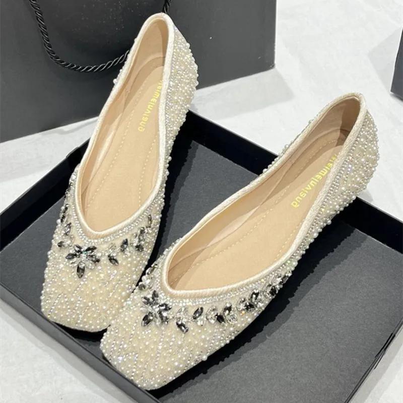 Fashion Luxury String Bead Rhinestone Brand Flat Shoes Women Comfort Square Toe Shallow Design Shoes Fashion Elegant Wedding Bridal Shoe
