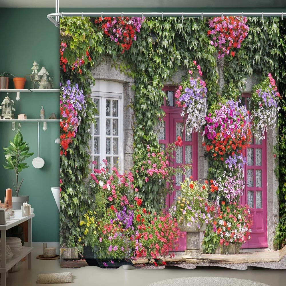 

Garden Scenery Shower Curtain European Flower Plant Streetscape Nature Landscape Outdoor Polyester Fabric Bathroom Decor Curtain 90x180cm-35x70in