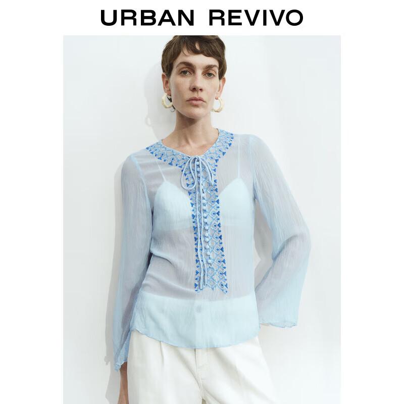 Women s Ethnic Embroidered Tie-Front Long-Sleeve Blouse L