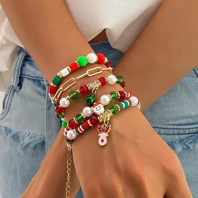 Christmas Reindeer Bell Alloy Bracelet Set with Colorful Polymer Clay for Women