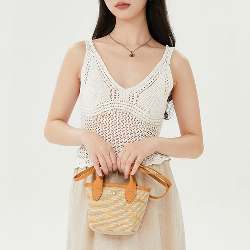 Longchamp Le Panier Pliage Logo Embroidered Detachable Shoulder Strap Straw Texture Canvas Mini Shoulder Crossbody Tote Bag Women Bags 10206HCF222