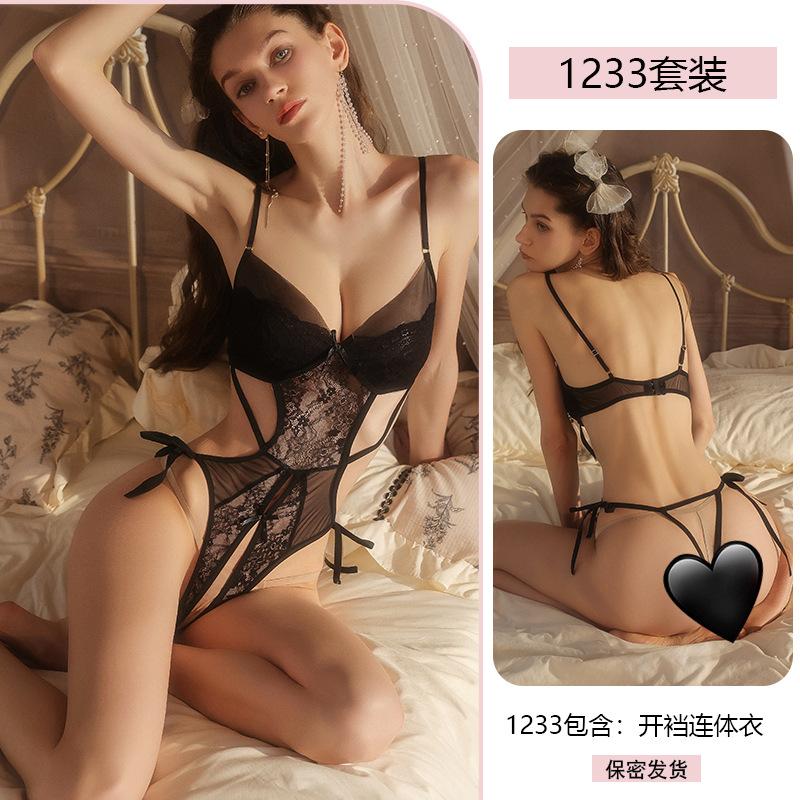 Yiyue Original Sex Underwear Sexy onesie Women's Open Crotch Uniform Lace Seduction Lace-up Large Size Pajamas 1111