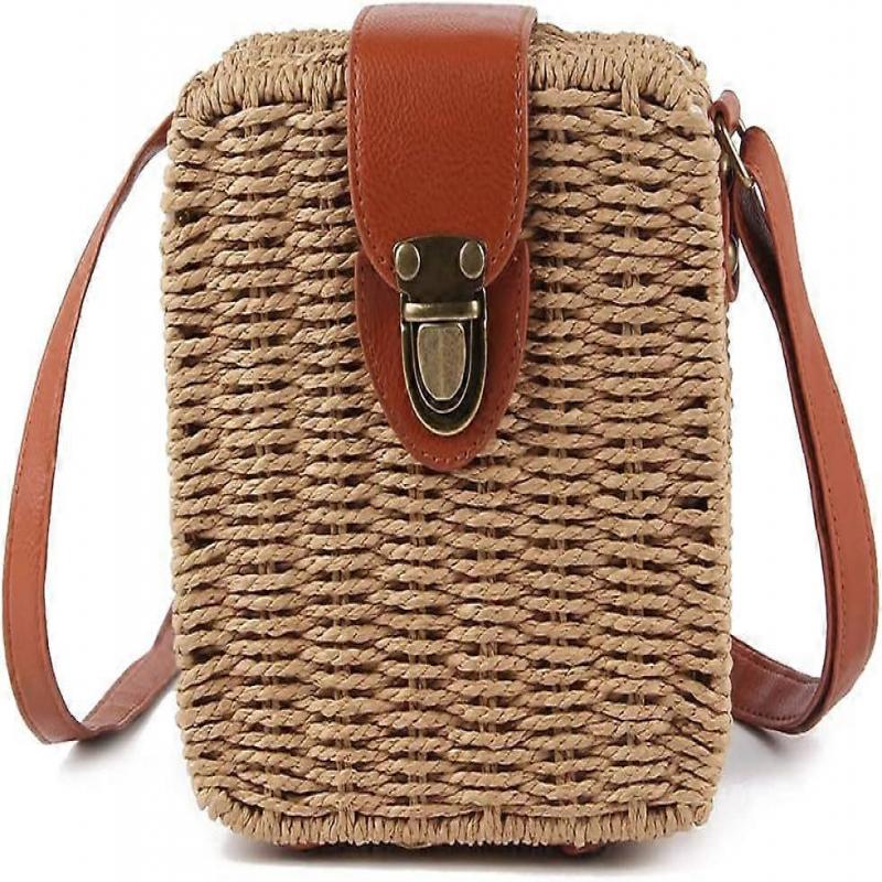 Womens Retro Straw Woven Cross Body Bags Portable Small Box Shoulder Bags Messenger Satchel Brown