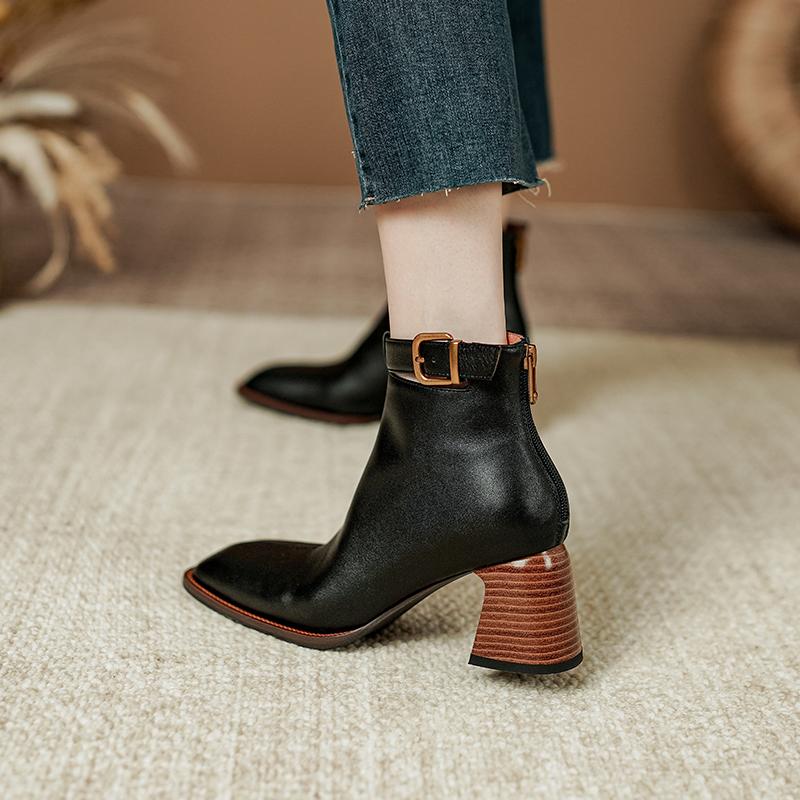 Fashion 2025 Autumn Boots Women Square Toe Women Boots Genuine Leather Shoes for Women Belt Buckle Zipper Boots Winter High Heel Boots