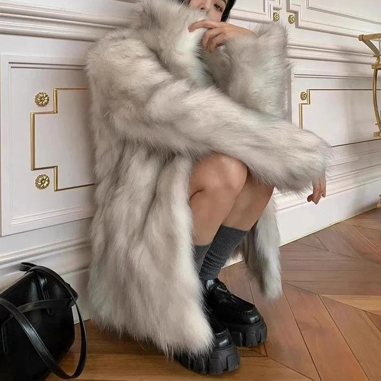 Geacă de iarnă pentru femei, imitație blană de vulpe, haină din iarbă, groasă, lungă, călduroasă, paltoane din blană artificială, jachetă cardigan de modă luxoasă, pentru femei