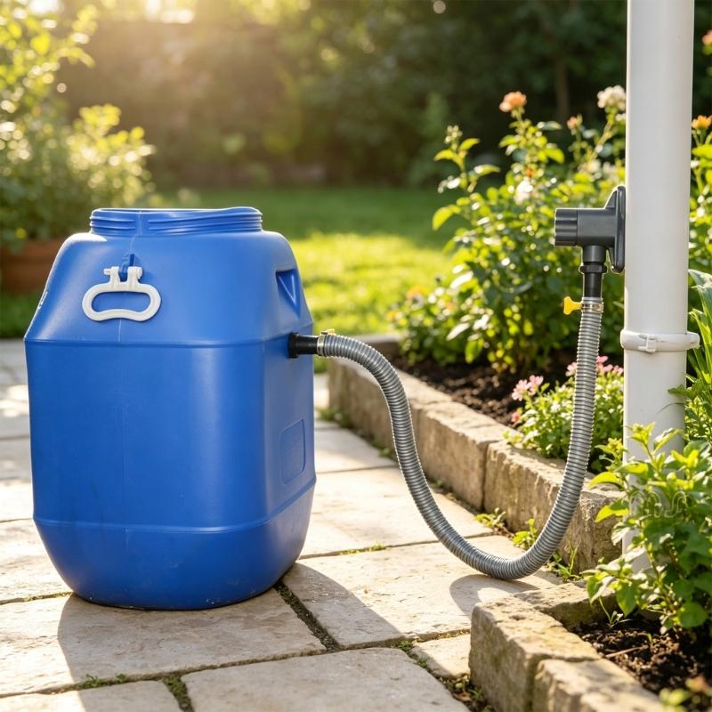 PVC Rainwater Diverter for Round Downspouts, Water Collector with Metal Hardware for Outdoor Watering Needs and Garden Care