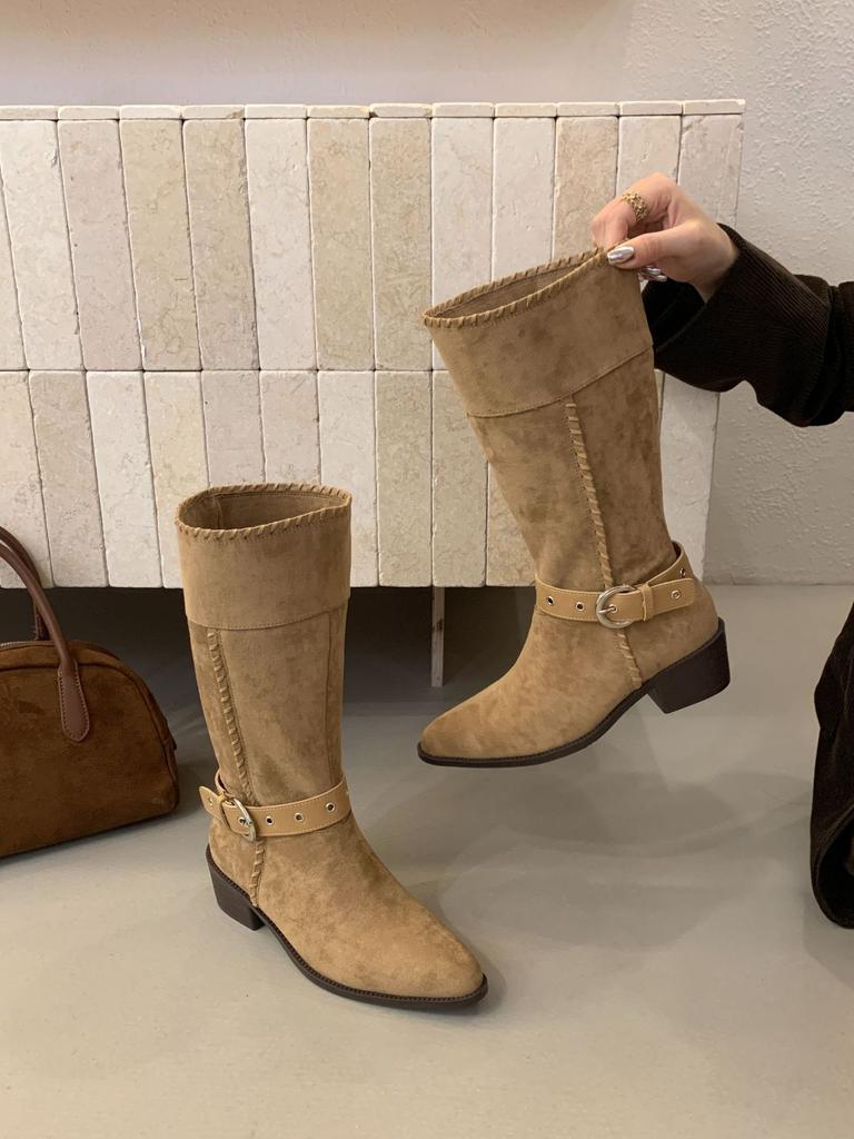 2025 Herbst und Winter neue Zwei-Wege-Damenstiefel Western-Cowboystiefel dicker Absatz Wildleder spitze Stiefel Damen Gürtelschnalle Schaft