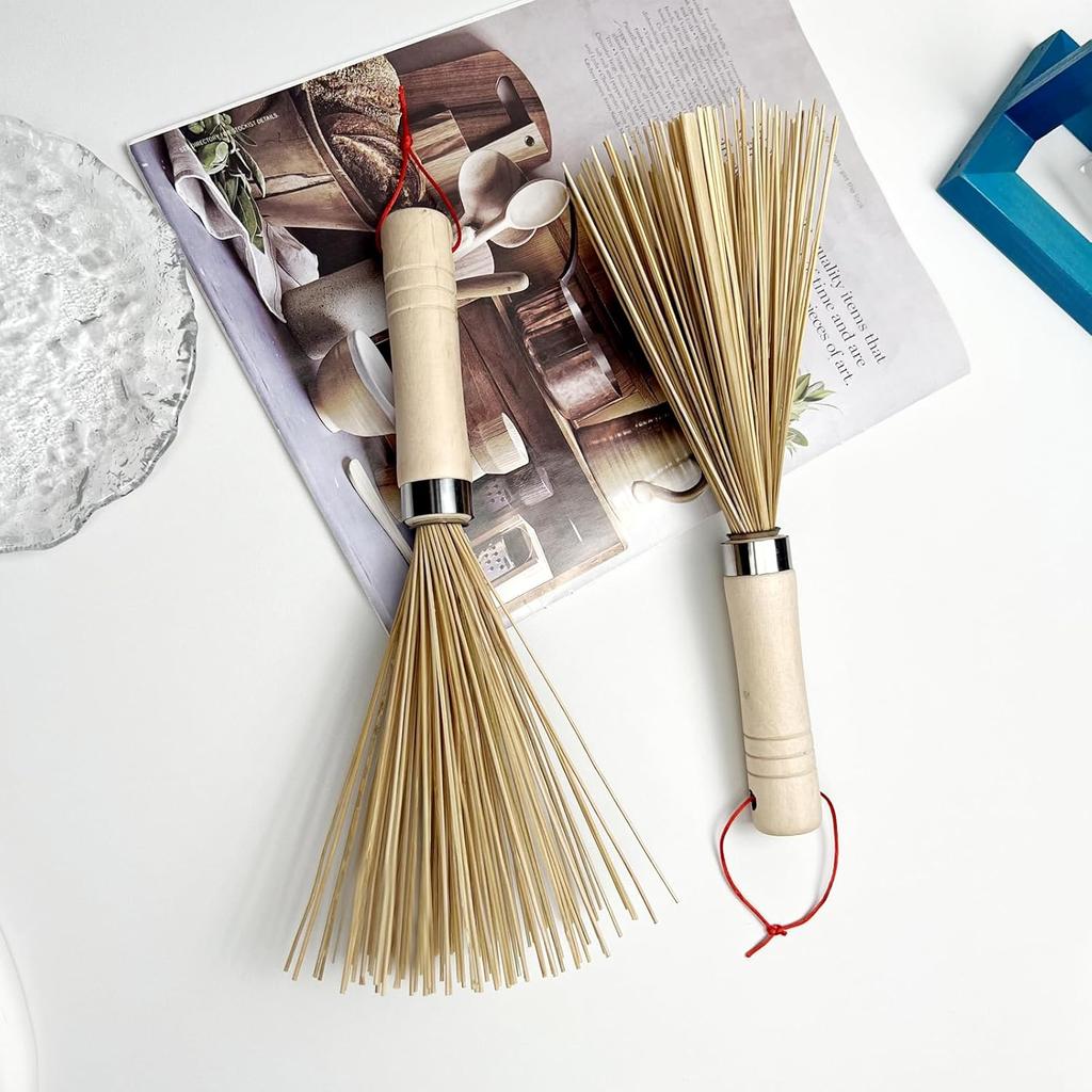 Natural Bamboo Pot Brush for Kitchen Cleaning – Eco-Friendly Scrub Brush for Pots, Pans, Woks, and Jars – 2 Pcs with Hanging Design