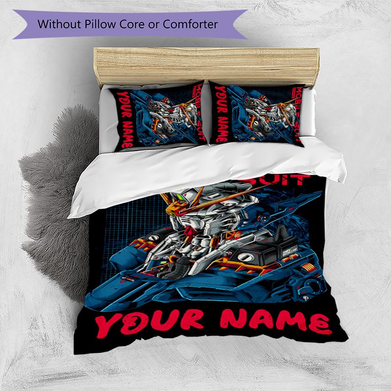 3pcs Custom Name Cartoon Mobile Suit Gundam Bedding Set Duvet Cover Closure Includes 1 Duvet Cover & 2 Pillowcases for All Seasons Bedroom Decor