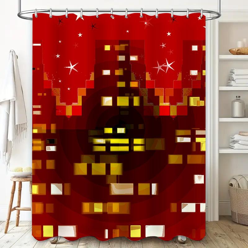Red LED Cityscape Shower Curtain Pixel Art Design for Bathroom Decorations