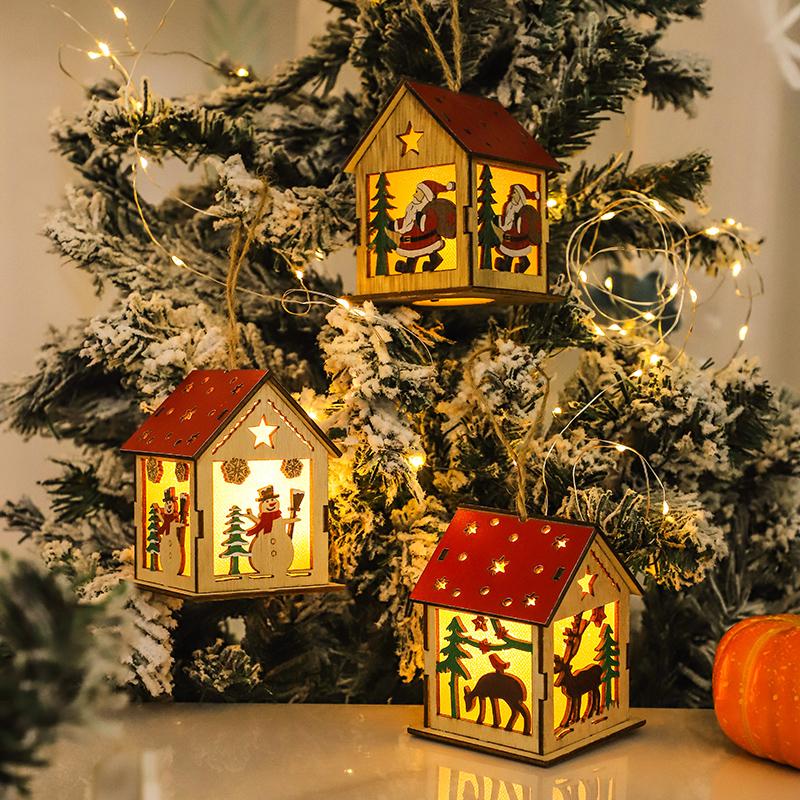 2025 New Year Wooden Light Christmas Decorations Creative Modeling Glow Cabin Snowman Battery Powered Holiday Decor