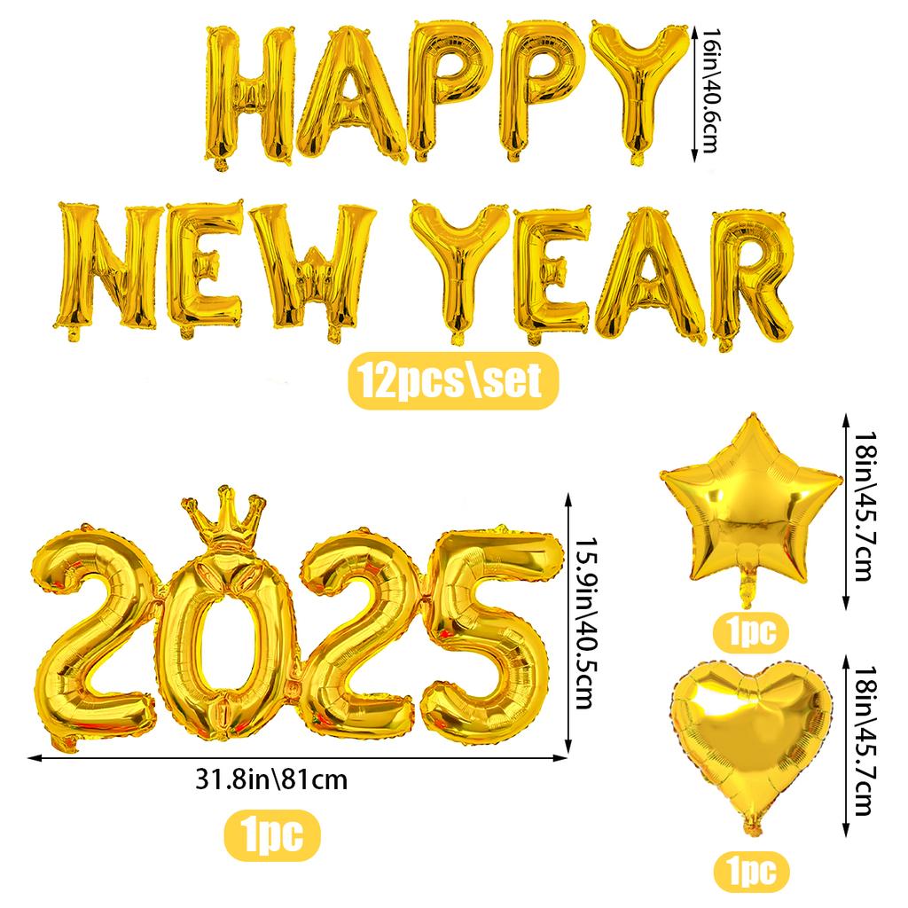 15pcs2025 Crown Number Foil Balloons, Happy New Year Letter Balloons, Suitable for New Year's Eve Party, Christmas Party