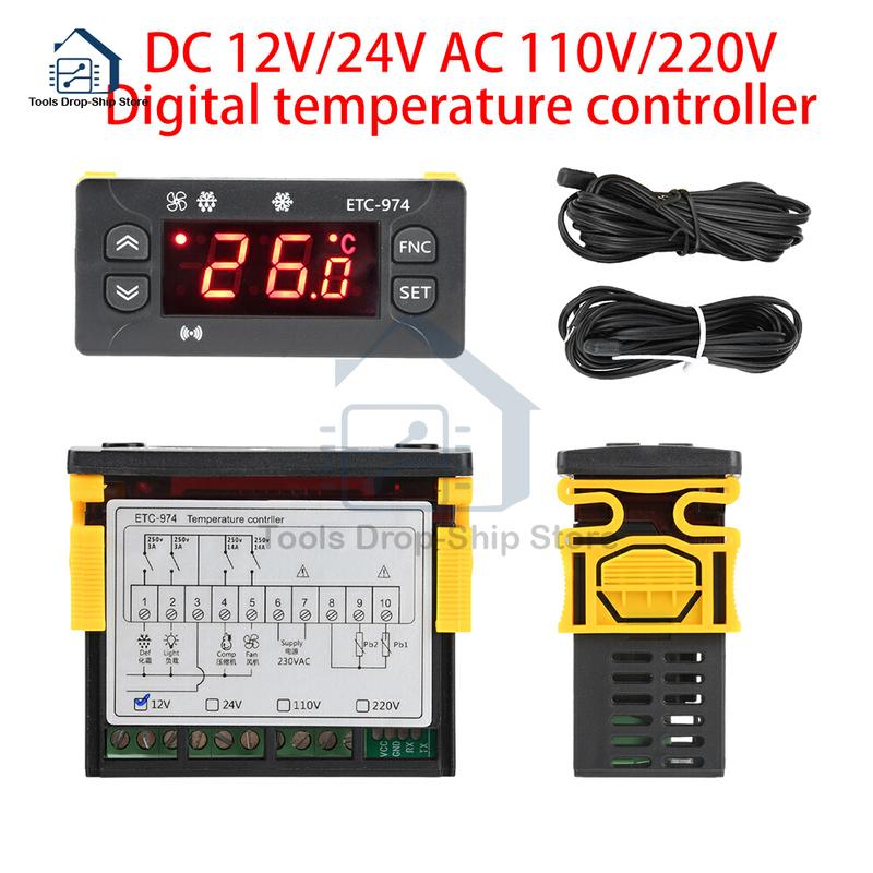 ETC-974 Temperature Controller Refrigerator Defrosting Heating Control Thermoregulator Dual NTC Sensor DC12V/24V AC110V/220V