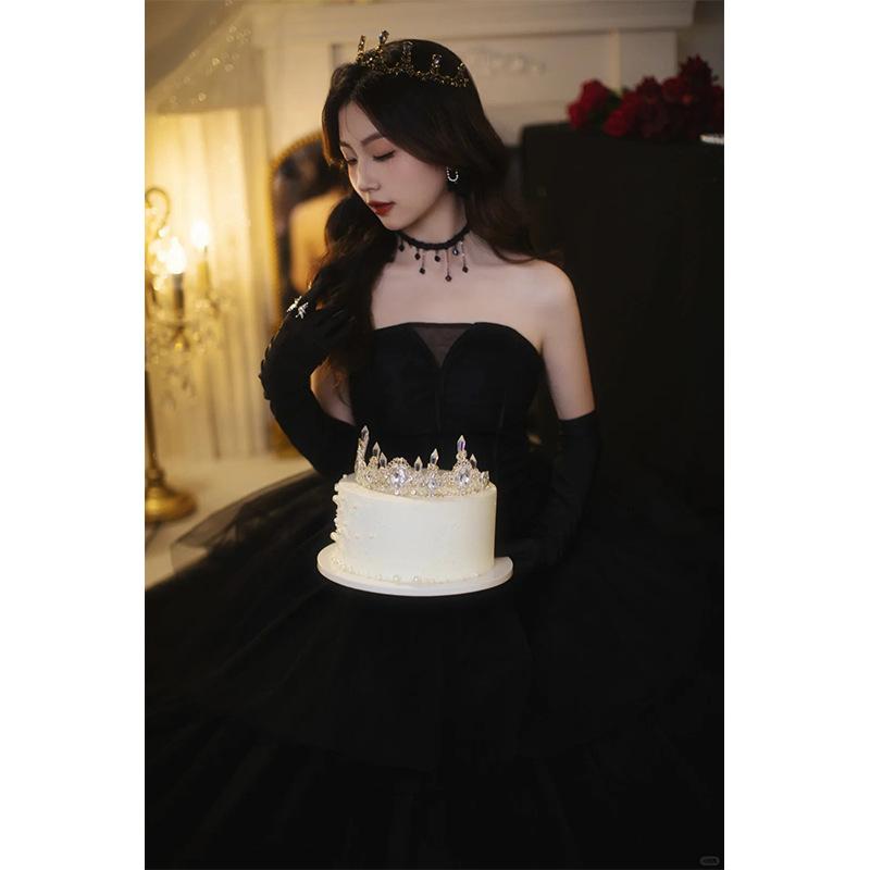 

Черный бархатный топ-труба, вечернее платье высокого класса, нишевое, в стиле легкой роскоши, для выступления на дне рождения, публичное, пушистая юбка из фатина XXXL