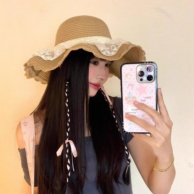 Straw hat women's new summer lace bow straw hat travel sunscreen hat beach seaside big brim