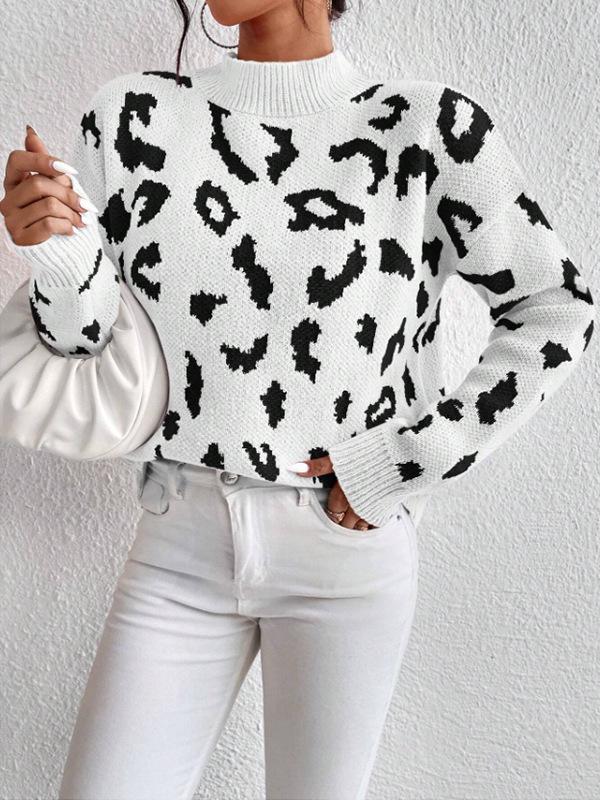 Leopard Print Jacquard Round Neck Women's Knit Sweater - Fashionable Spring & Autumn Pullover