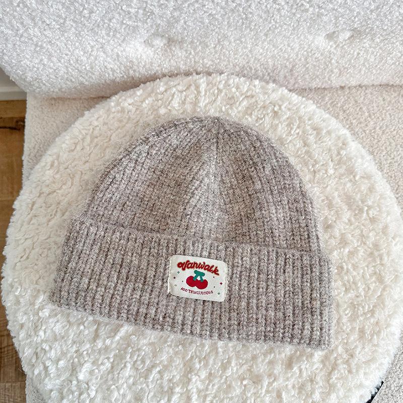 Autumn and Winter Embroidered Cloth Label Cherry Woolen Hat Korean Style Simple Face Showing Small Cold Hat Ear Protection Pullover Head Woolen Hat
