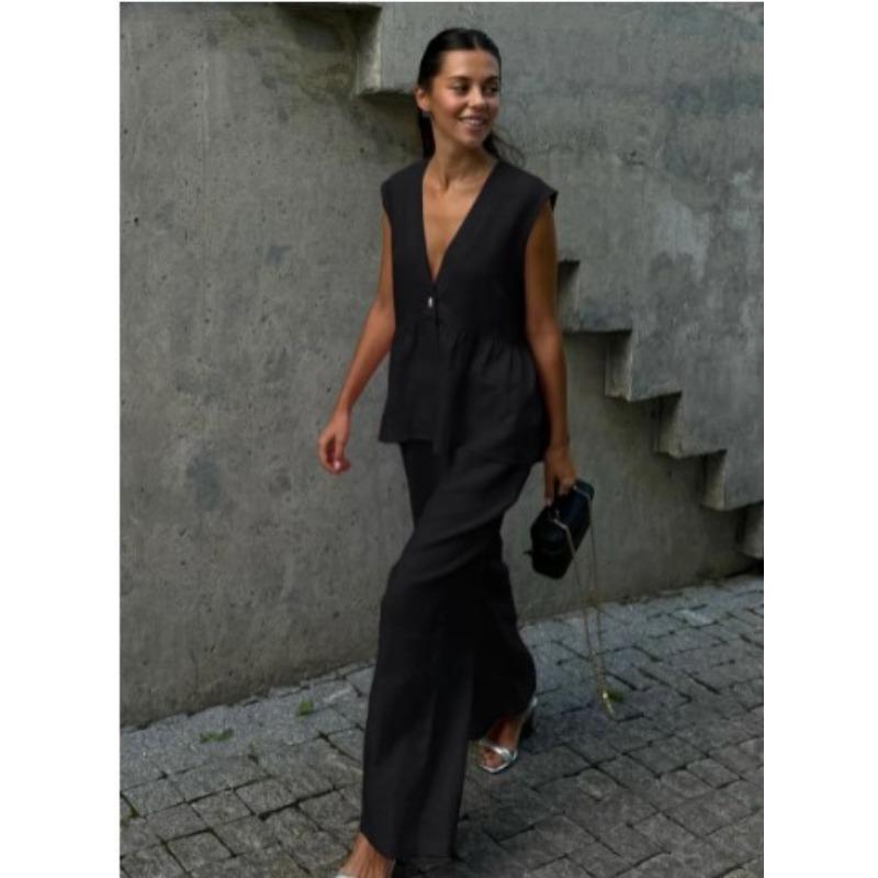 Women's V-Neck Solid Colour Sleeveless Top Vest Trousers Set