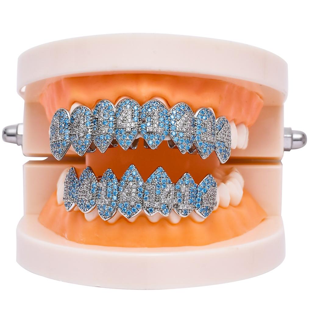 BES Eight Teeth Grillz Rapper Hip Hop Zircon Number Grillz Teeth Real Gold Plated Teeth Grillz Body Jewelry
