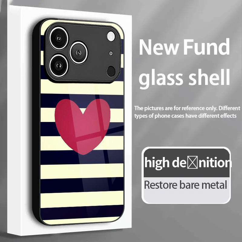 Creative Striped Heart Pattern Tempered Glass Phone Case For iPhone 17 16 15 Pro Max 14 13 12 11 17 Air 7 8 Plus XR XS X Cover