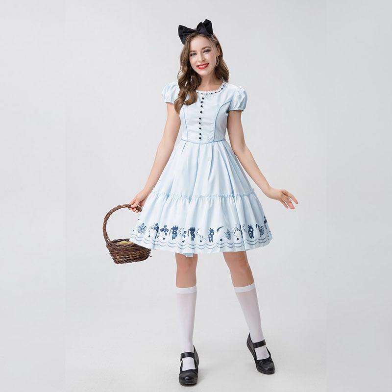 Cosplay Halloween, Alice's Dream Wonderland, Japanese cute maid dress cos dress blue and white, short-sleeved princess dress
