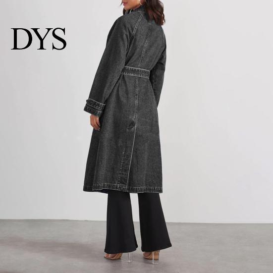 Lässige Jeansjacke Damen Zweireihig mit Seitentaschen Schnürung Taille Mittellang Stil Windjacke Länge Einfarbig Umlegekragen Überzieher