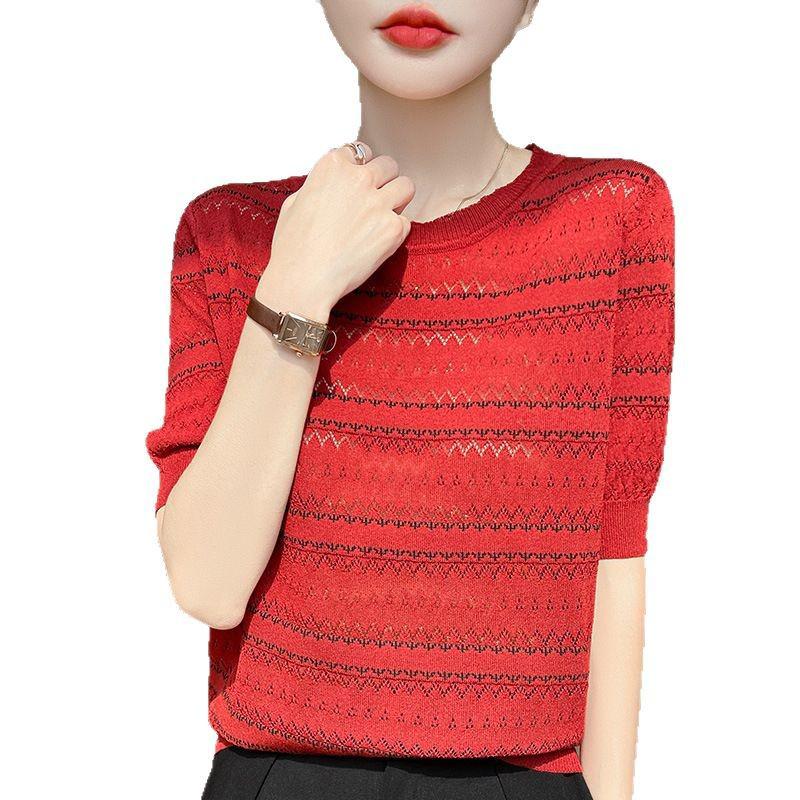 Damen Eisseide Colorblock Strick-T-Shirt - Kurzarm, Rundhalsausschnitt, Sommermode