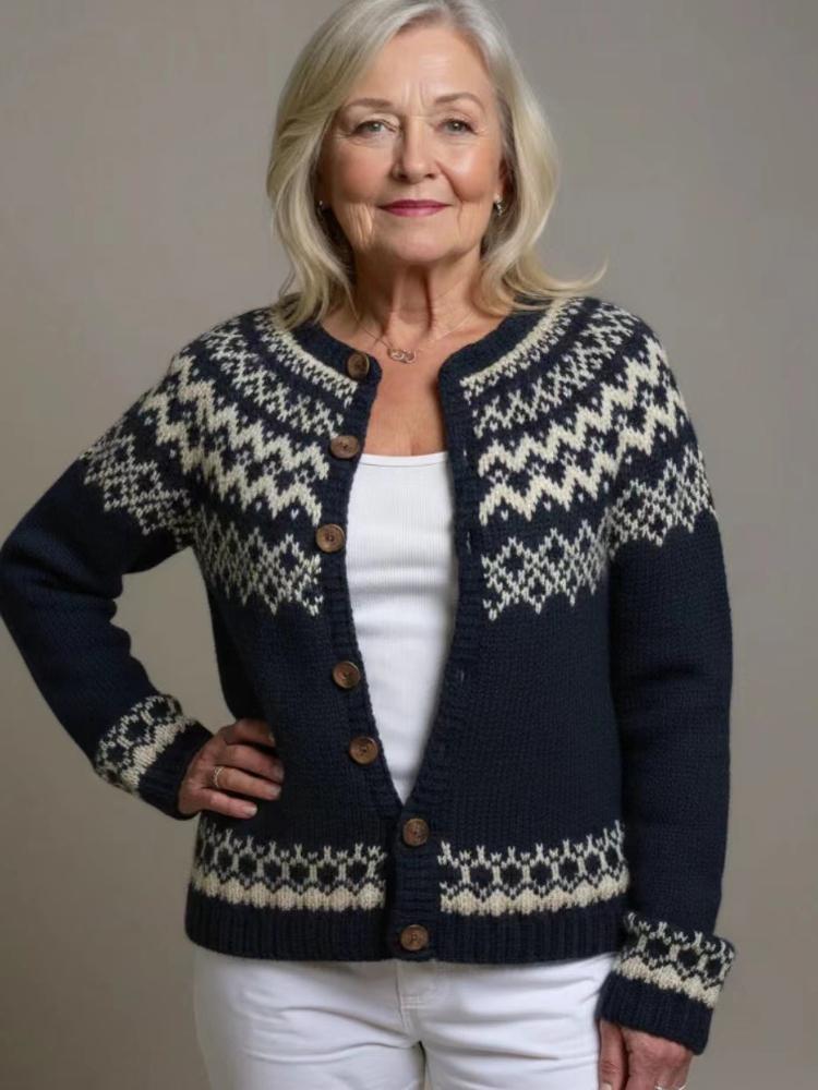 Women's Pink V-Neck Knit Cardigan with Jacquard Floral Pattern