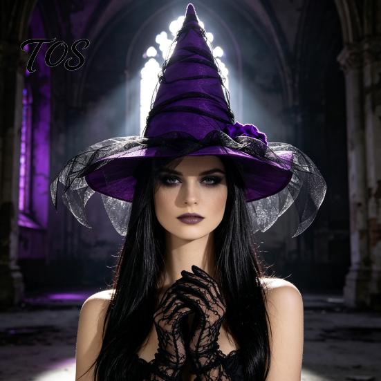 Premium Gothic Style Festival Headwear Halloween Witch Hat for Women, Mesh Rose Flower Adjustable Cosplay Women Wizard Costume, Party Dark Princess