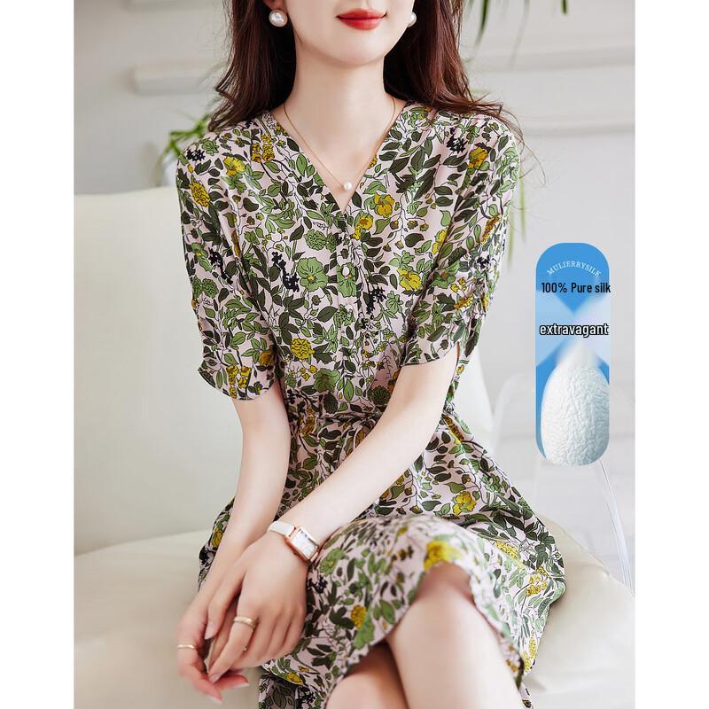 Demana Monet Garden Silk Print Drawstring Midi Dress M