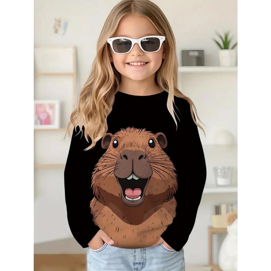 Capybara T-Shirts Children Cartoon Graphic Tee Harajuku Girl Tops Japanese Fashion Cute Animals Long Sleeves Children's Clothing