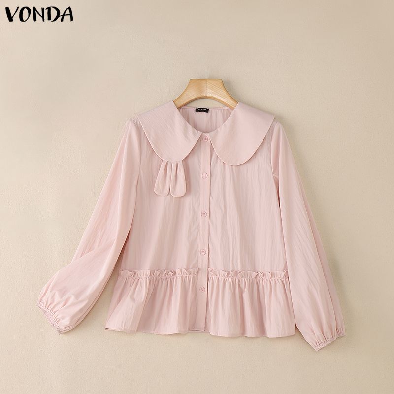 VONDA Women Casual Doll Collar Loose Long Sleeve Buttons Ruffled Blouse
