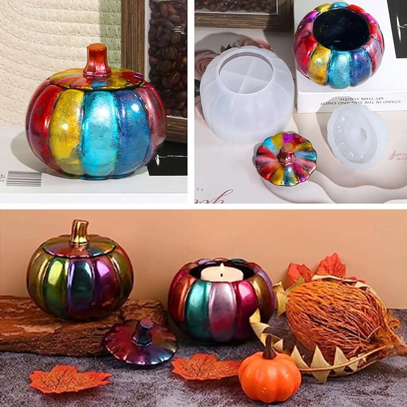 WTEMPO Pumpkin Jar Resin Molds Halloween Storage Box Silicone Molds DIY Epoxy Casting Mold with Lid Mold Candle Holder Item Container Making Molds
