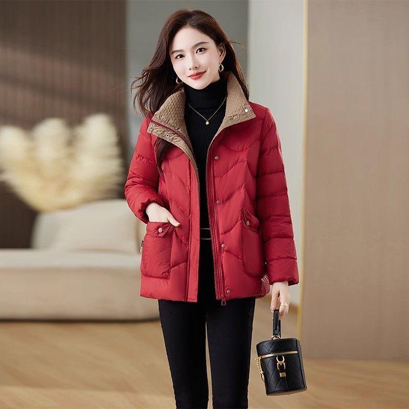Red Loose Fit Short Puffer Coat for Women Winter Fashion Lightweight Slimming Cotton Jacket
