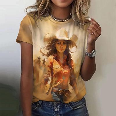 Camisetas vintage con estampado de vaquera occidental para mujer, camisetas casuales de manga corta, tops de verano, ropa holgada y atractiva para mujer, jersey