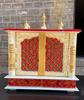 Handmade Wood Mandir: Embossed Painted Wall Shrine - Red & White Puja Ghar