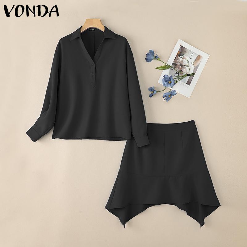 VONDA Two Piece Suit Sets Women Long Sleeve Blouse and Short Skirts Outfits